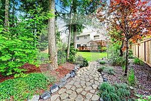 Fenced back yard with well kept garden.