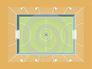 Fenced Football / Soccer Pitch With Lighting And Net. City Sport Field.