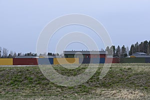 Fenced residential area, deadpan photo