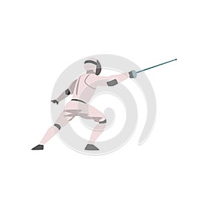 Fencer in Attack with Foil, Male Athlete Character in Sports Uniform, Active Sport Healthy Lifestyle Vector Illustration