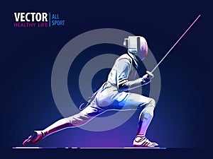 Fencer. Man wearing fencing suit practicing with sword. Sports arena and lense-flares. Neon effect. Vector illustration. photo