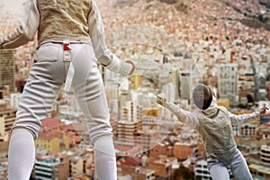 Fencers above the roofs of the city