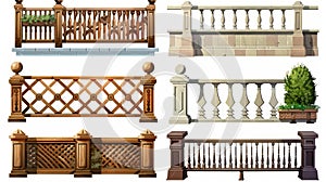 Fences, handrails, and balustrades with rhombus and grates patterns. Fences, stairs, and patios isolated design elements photo