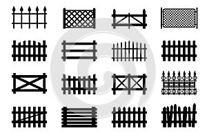 Fences set, picket, wooden and wire garden fence, park or yard obstruction