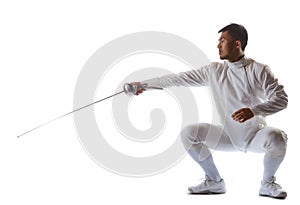 Fencing athlete wins the competition isolated in white background