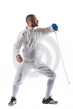 Fencing athlete wins the competition isolated in white background