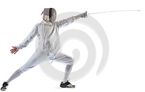 Fencing athlete wins the competition isolated in white background