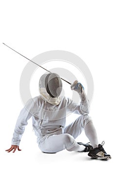 Fencing athlete wins the competition isolated in white background