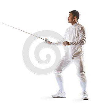 Fencing athlete wins the competition isolated in white background