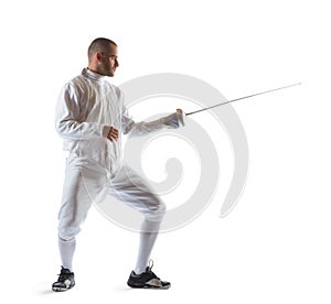 Fencing athlete wins the competition isolated in white background
