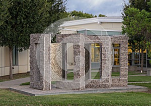 `Fenestrae Aeternitatis: Books Into Infinity`, a sculpture by Jon Barlow Hudson in front of the White Rock Hills Public Library