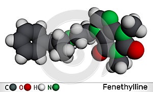 Fenethylline, phenethylline, amfetyline, fenetylline molecule. It is psychostimulant, narcotic, codrug of amphetamine and