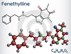 Fenethylline, phenethylline, amfetyline, fenetylline molecule. It is psychostimulant, narcotic, codrug of amphetamine and