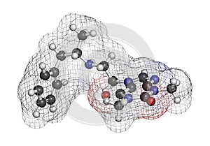 Fenetylline (fenethylline) stimulant drug molecule. 3D rendering. Atoms are represented as spheres with conventional color coding