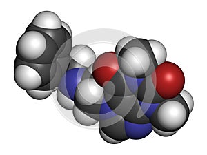 Fenetylline (fenethylline) stimulant drug molecule. 3D rendering. Atoms are represented as spheres with conventional color coding