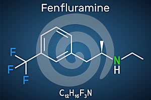 Fenfluramine drug molecule. It is phenethylamine, used as an appetite suppressant. Structural chemical formula on the dark blue