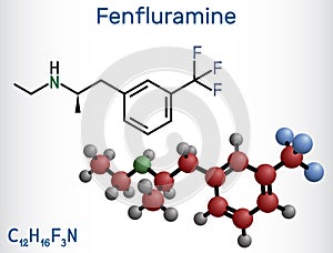 Fenfluramine drug molecule. It is phenethylamine, used as an appetite suppressant. Structural chemical formula and molecule model