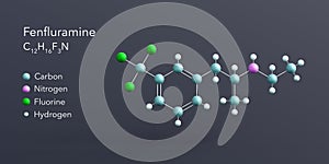 fenfluramine molecule 3d rendering, flat molecular structure with chemical formula and atoms color coding