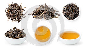 Feng Huang Dan Cong, Fenix Dang Cong Oolong, collection of loose leaves and bowls of brewed Chinese tea isolated on white photo