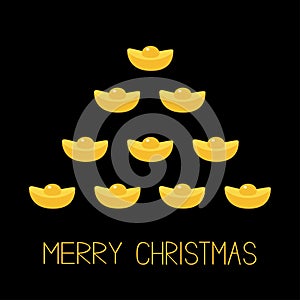 Feng shui Gold Ingot. Golden bar spruce fir tree. Merry Christmas. Flat design. Black background Greeting card.