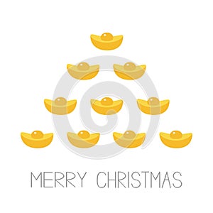 Feng shui Gold Ingot. Golden bar spruce fir tree. Merry Christmas. Flat design. White background Greeting card.