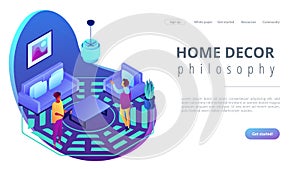 Feng shui interior isometric 3D landing page.