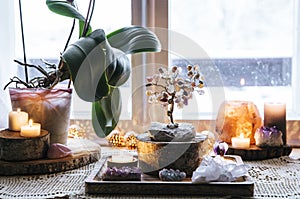 Feng Shui nature theme altar at home table and on window sill.