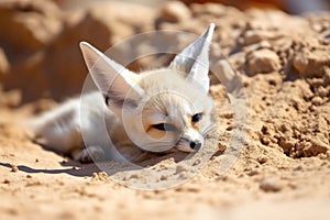 a fennec fox digging in the desert sand