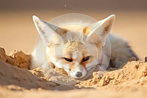 a fennec fox digging in the desert sand