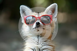 Fennec fox in red sunglasses, adding a touch of humor and style to wildlife photography.