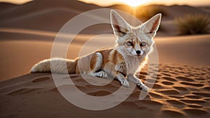 Fennec Fox Resting On a Sand Dune in The Sahara Desert at Sunset