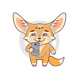 Fennec fox  with smile speaking or making selfie on smartphone