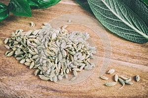 Fennel seeds on a cutting board