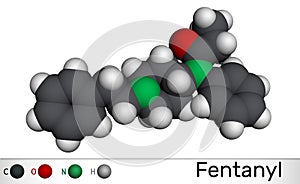 Fentanyl, fentanil,  C22H28N2O molecule. It is opioid analgesic. Molecular model