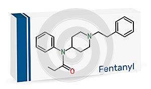 Fentanyl, fentanil, C22H28N2O molecule. It is opioid analgesic. Skeletal chemical formula. Paper packaging for drugs