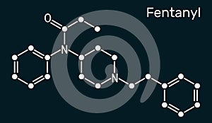 Fentanyl, fentanil,  C22H28N2O molecule. It is opioid analgesic. Structural chemical formula on the dark blue background