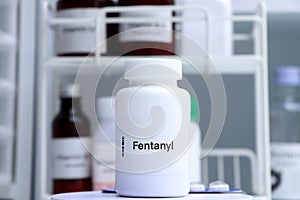 Fentanyl pill in white bottle, pill stock
