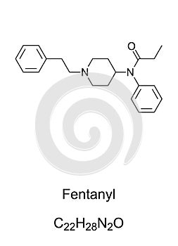 Fentanyl, synthetic opioid, chemical formula and skeletal structure