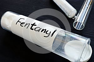 Fentanyl written on a bottle with label.