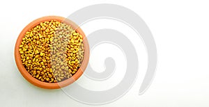 fenugreek or alholva seeds, copy space, white background, top view