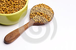 Fenugreek seeds with bowl in spoon on white background