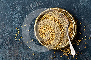 Fenugreek seeds on metal plate, spice, culinary ingredient