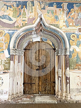 Ferapontovo, Vologda region, Russia, February, 23, 2020. Ferapontov monastery. Frescoes of Dionysius on the wall of the Cathedral