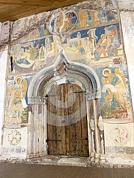 Ferapontovo, Vologda region, Russia, February, 23, 2020. Ferapontov monastery. Frescoes of Dionysius on the wall of the Cathedral