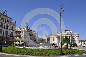 Ferdinand Square with Iconic Buildings of Oradea City in Romania.