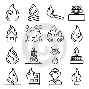 Fere Flames and Firefighting Icons Set on White Background. Line Style Vector
