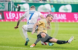 Ferencvaros defender Endre Botka and Zalaegerszegi  striker Daniel Zsori during Hungarian OTP Bank Liga Gameweek 31 match