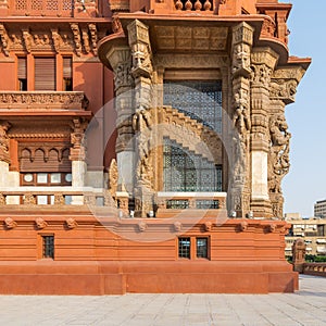 Ferforge decorated window of the staircase of Baron Empain Palace, Heliopolis district, Cairo, Egypt