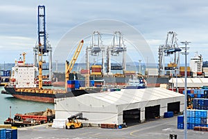 Cranes and cargo vessels at the Port of Auckland