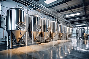 Fermentation mash vats or boiler tanks in a brewery factory. Brewery plant interior. Factory for the production of beer. Modern